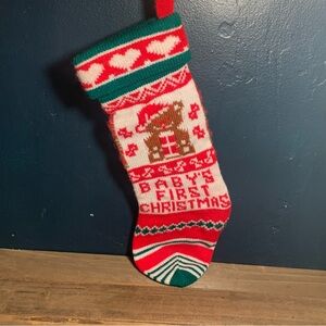 Vintage Acrylic Knit Christmas Stocking Baby’s First Christmas Teddy Bear GUC